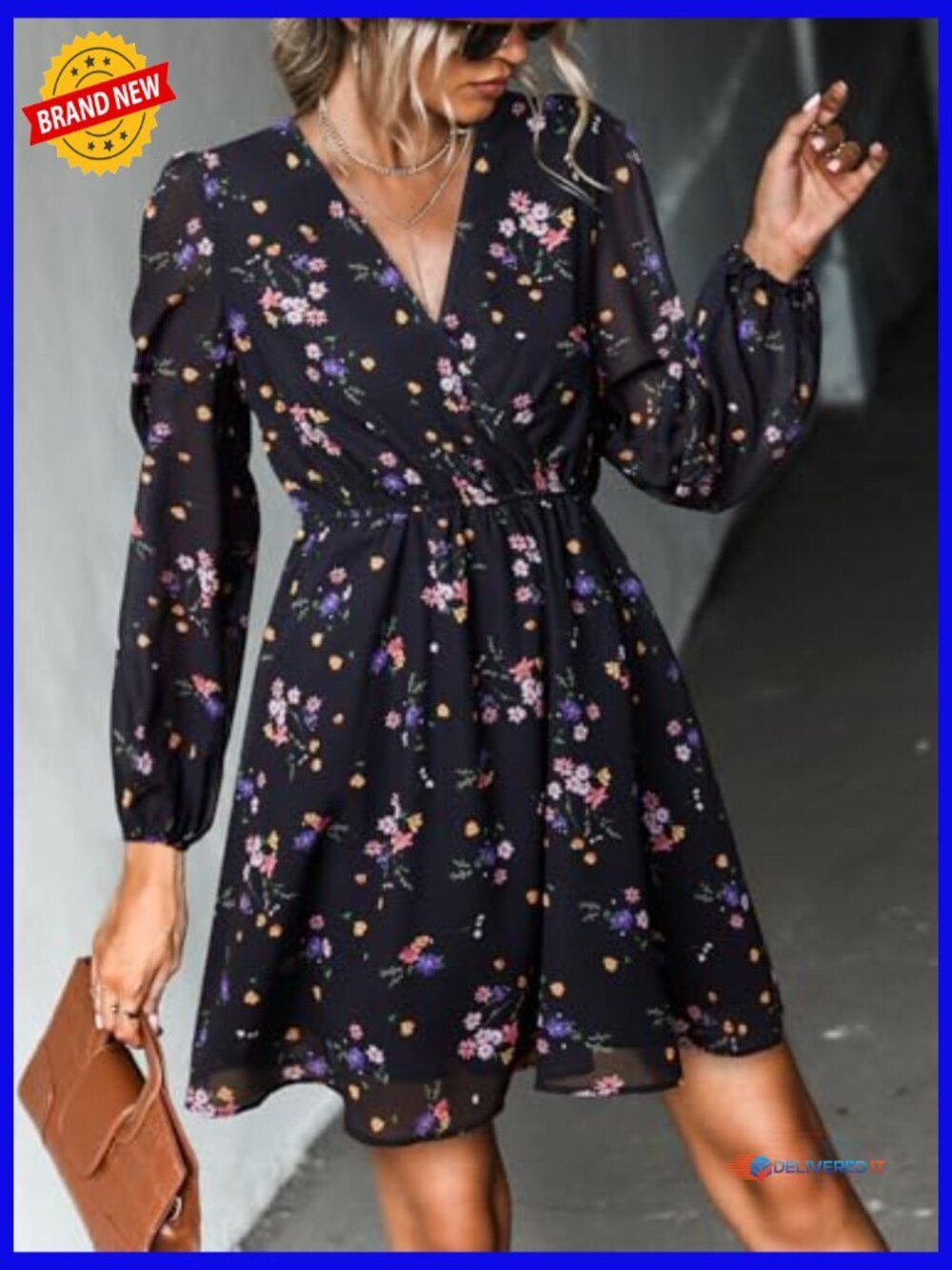 V Neck Chiffon Mini Dress Flowy Long Peasant Sleeve - Picture 2 of 6